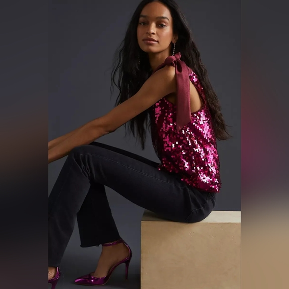 NWT Meave Anthro Barbie Pink Sequin Bow Top sz 1X - Picture 6 of 9